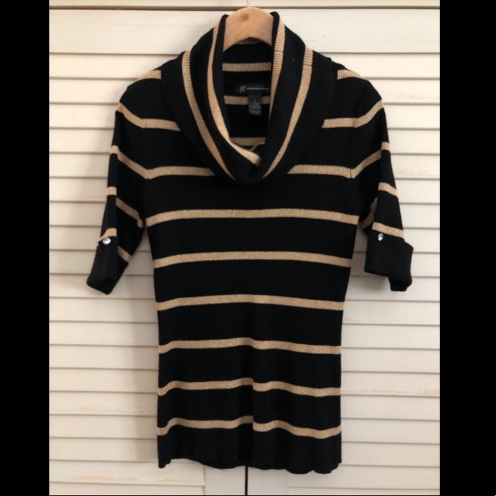 INC short sleeve black & gold striped cowl neck sweater